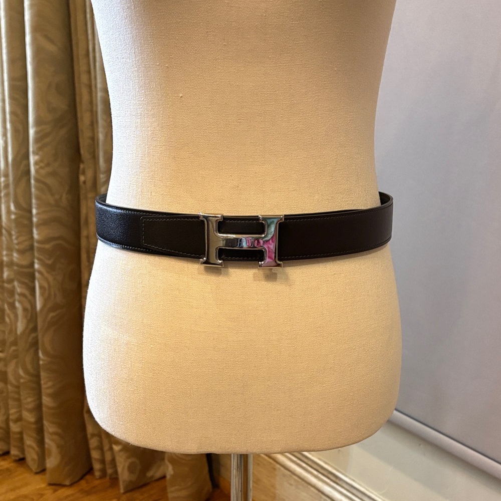 Hermes Black Leather Belt with Silver H Buckle